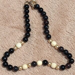 Vintage Black Onyx, Ivory & 14kt Gold Beaded Bracelet